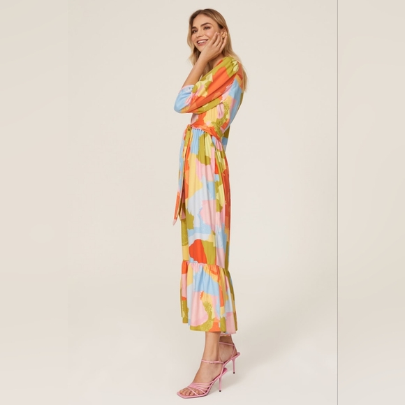 Donna Morgan Blue Citrone Multi Color 3/4 Puff Sleeve Ruffle Hem Maxi Dress - Picture 3 of 6